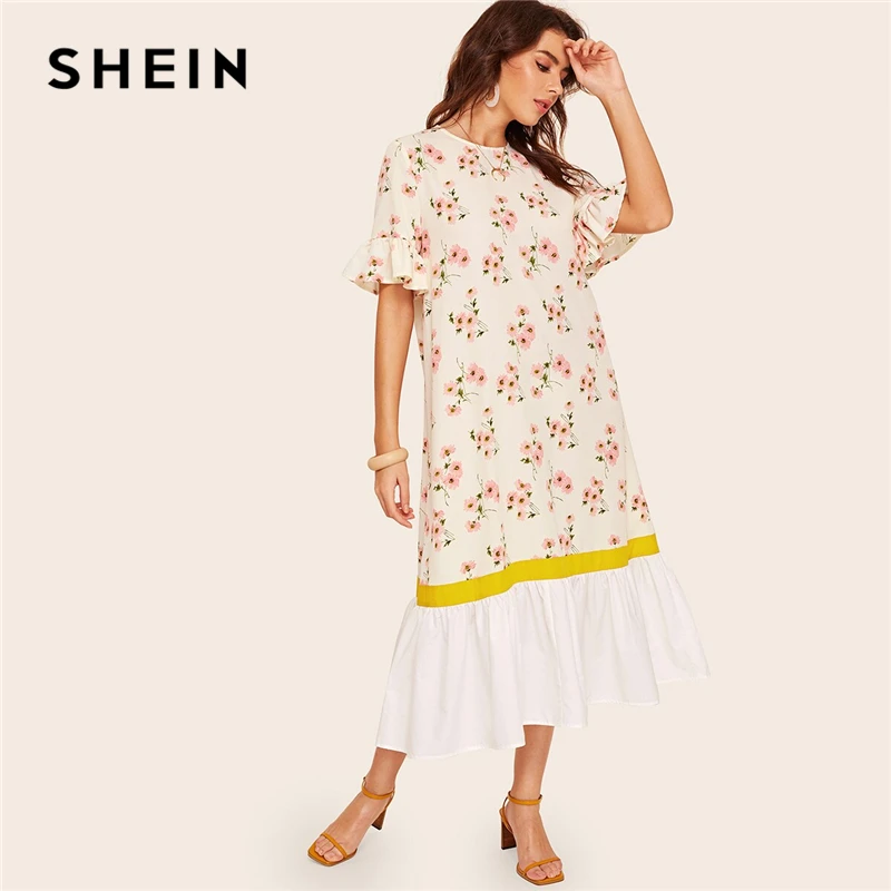 

SHEIN Ruffle Cuff And Hem Botanical Floral Print Dress Women White Half Flounce Sleeve Dress Boho Button Summer Dresses