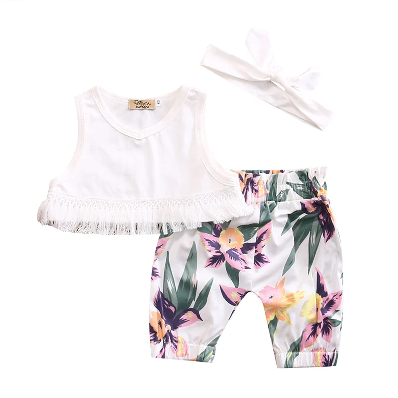Cute Newborn Baby Girl Clothes 2019 Summer Sleeveless Tassel Crop Tops Vest +Floral Printed Shorts Infant Clothing Set | Мать и ребенок