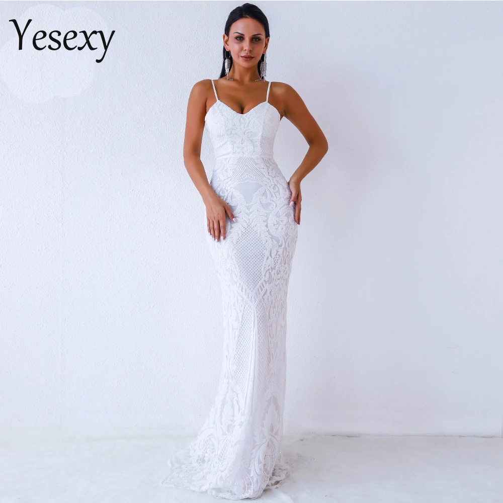

Yesexy 2019 Women Sexy V Neck Off Shoulder Backless Sleeveless Sequin Dresses Female Elegant Party Maxi Dress Vestdios VR9370