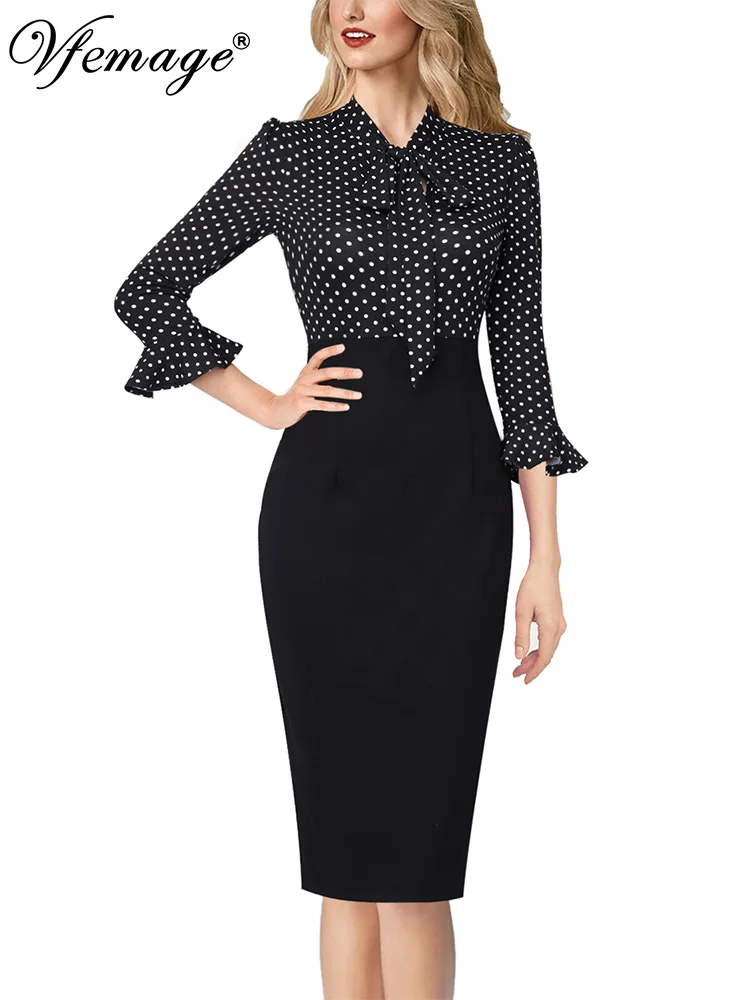 

Vfemage Womens Elegant Bell Sleeve Keyhole Tie Neck Print Patchwork Work Business Office Party Bodycon Sheath Pencil Dress 2572