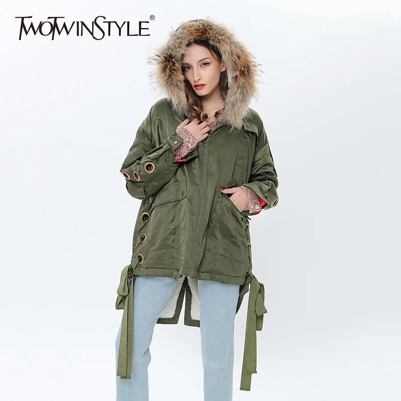 TWOTWINSTYLE Real Fur Hooded Jacket Coat Female Hollow Out Lace Up Long Sleeve Cardigan Velvet Lining Top Large Big Size Winter
TWOTWINSTYLE Real Fur Hooded Jacket Coat Female Hollow Out Lace Up Long Sleeve Cardigan Velvet Lining Top Large Big Size Winter