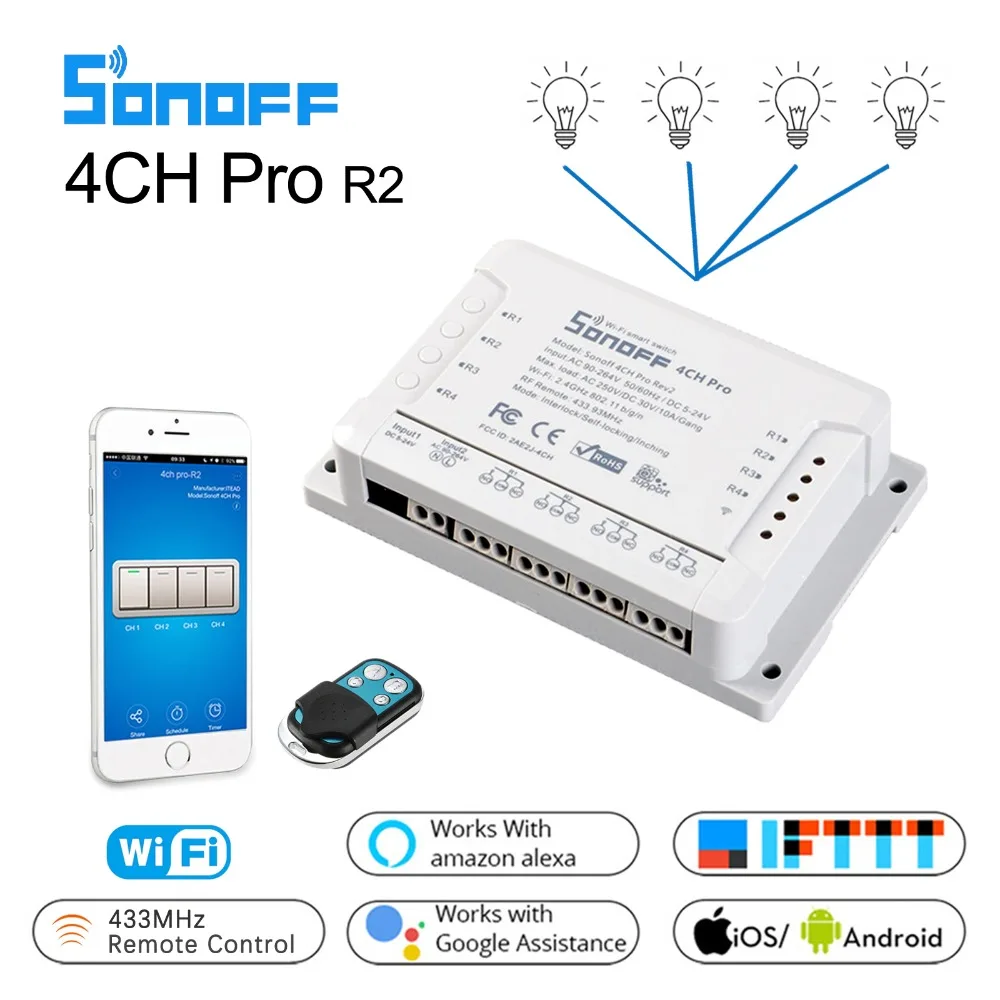 Sonoff 4CH Pro R2 Smart Wifi Switch 4 Gang Light Switch 433MHz RF Remote Wifi Relay Ewelink APP With Alexa Google home
Sonoff 4CH Pro R2 Smart Wifi Switch 4 Gang Light Switch 433MHz RF Remote Wifi Relay Ewelink APP With Alexa Google home