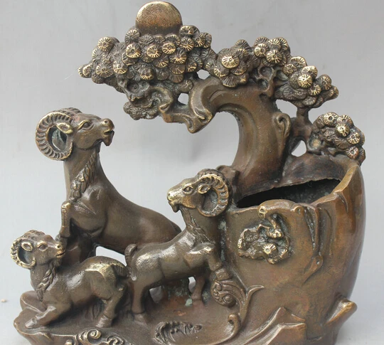 JP S0524 8" Chinese Copper tree Zodiac Year three Sheep Goat Statue Brush Pot pencil vase B0403
JP S0524 8" Chinese Copper tree Zodiac Year three Sheep Goat Statue Brush Pot pencil vase B0403