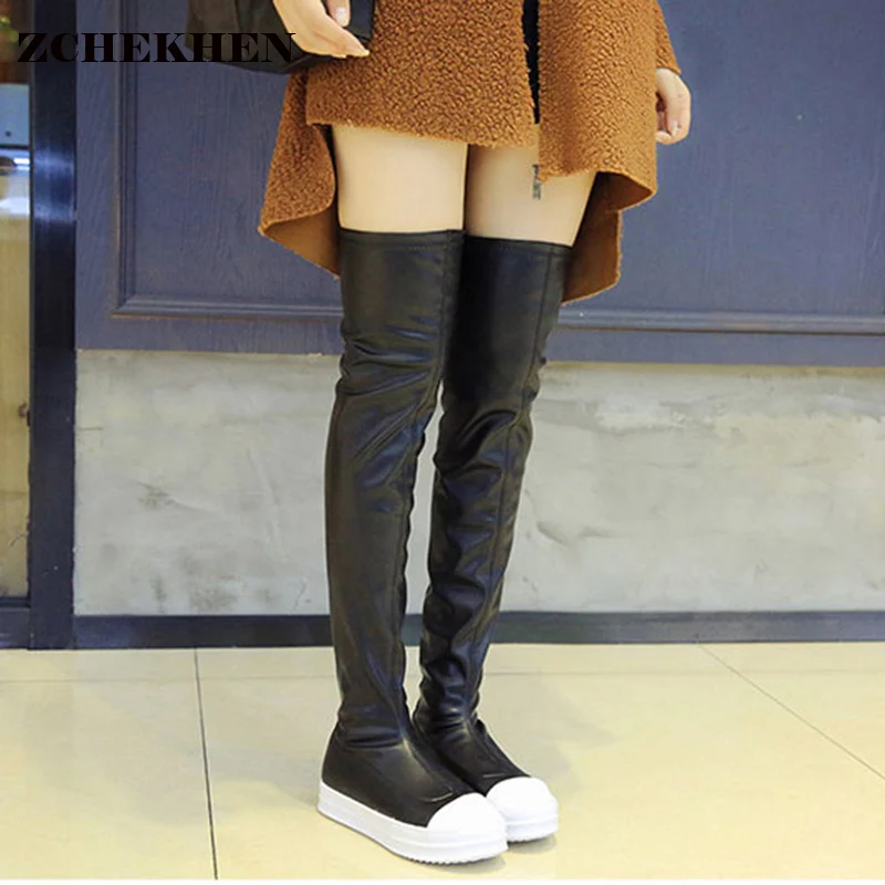Women elastic soft leather white bottom flat Boots Over Knee Boots Stretch Sexy Overknee Riding Boots Woman Shoes
