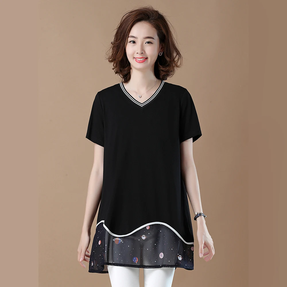 Spring and summer new style Women's large size short sleeve blouses Mid-length women's V-neck top blouses
Spring and summer new style Women's large size short sleeve blouses Mid-length women's V-neck top blouses