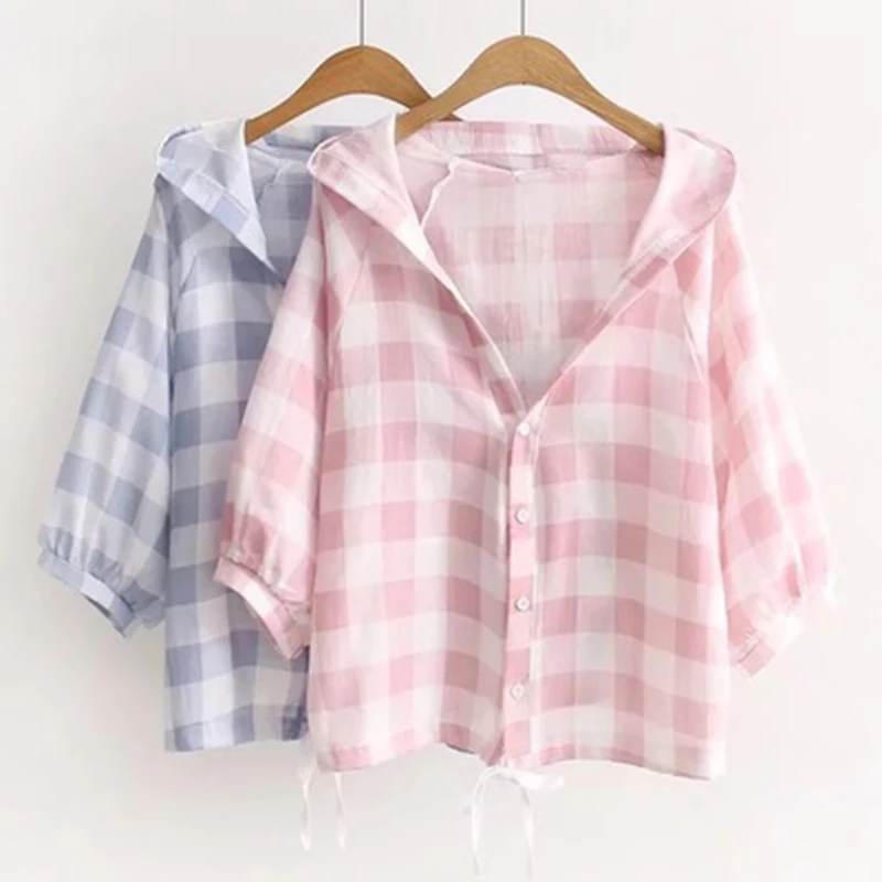 Japanese Mori Girl Plaid Hooded Shirt Women Casual Long Sleeve Sunscreen Laides Clothing Tops Shirts Female V398
Japanese Mori Girl Plaid Hooded Shirt Women Casual Long Sleeve Sunscreen Laides Clothing Tops Shirts Female V398