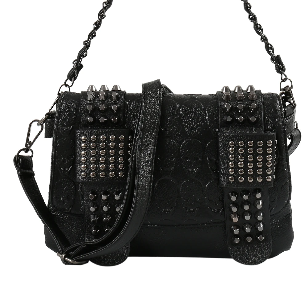 Women Black Leather Messenger Bags Fashion Vintage Messenger Cool Skull Rivets Shoulder Bags
Women Black Leather Messenger Bags Fashion Vintage Messenger Cool Skull Rivets Shoulder Bags