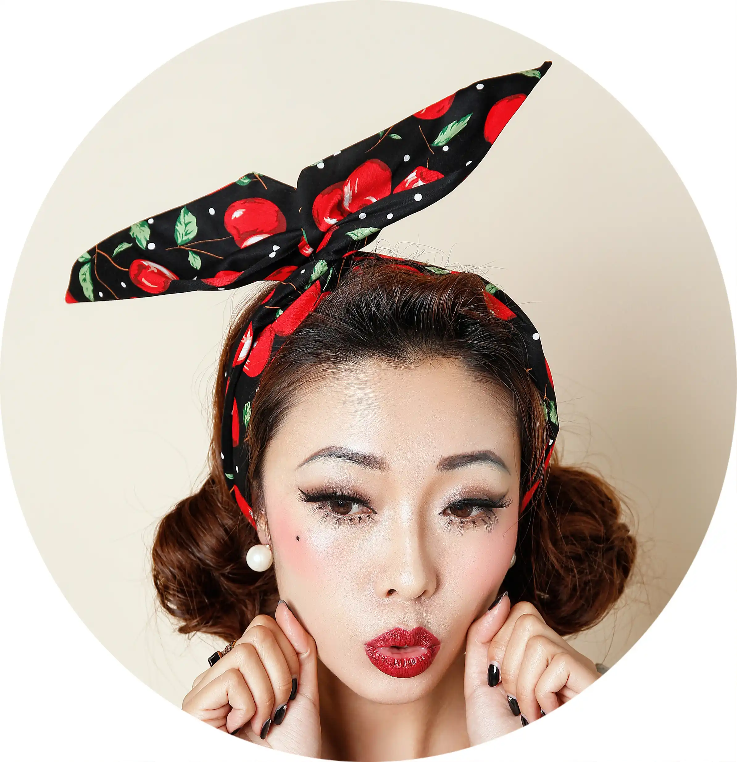 Vintage 50s Cherry Print Hair Wrap Head Scarf Headband Rockabilly