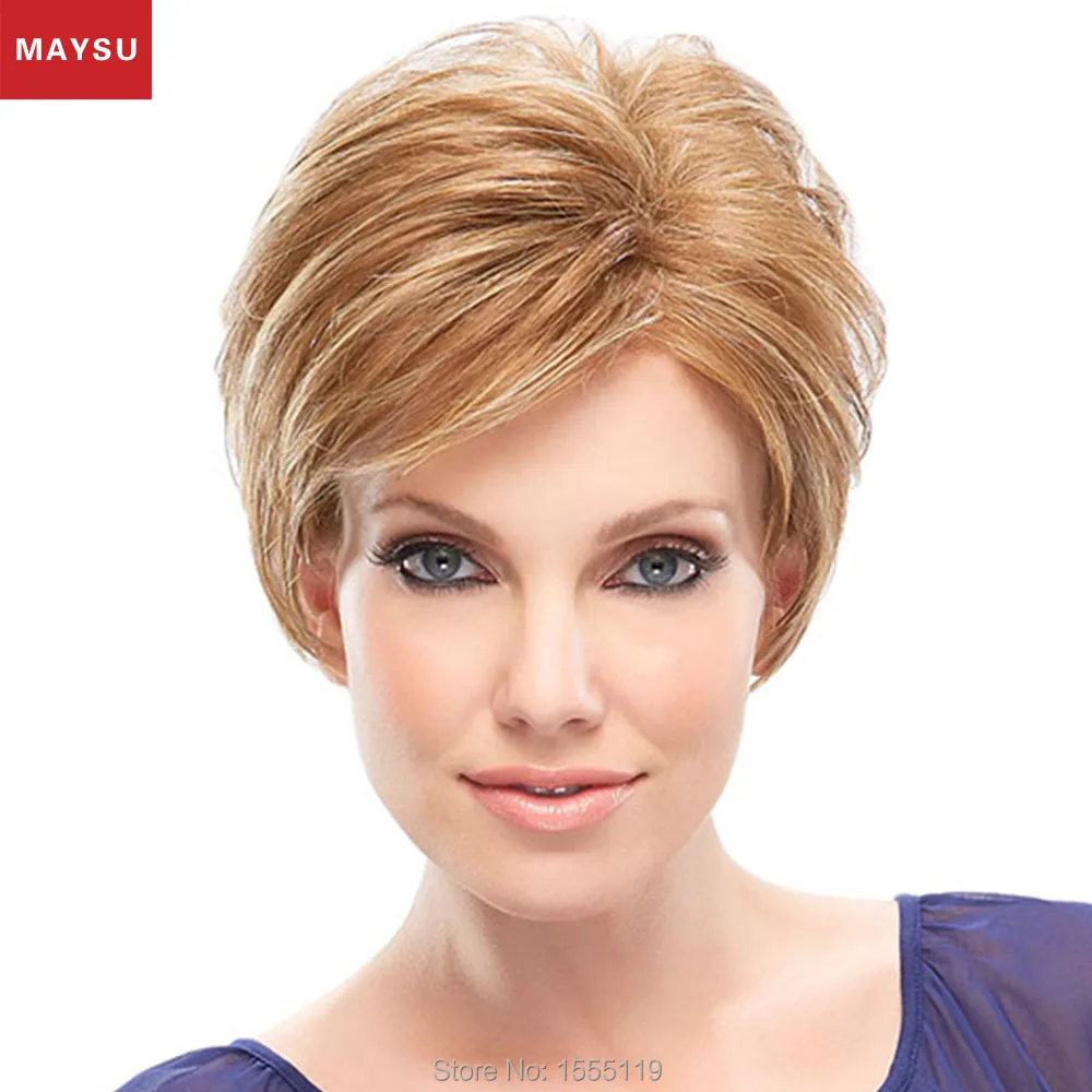 

Short Human Hair Wigs For Women Curly MAYSU Side Bang Trendy Brazilian Virgin Hair Blonde wig Capless European Style