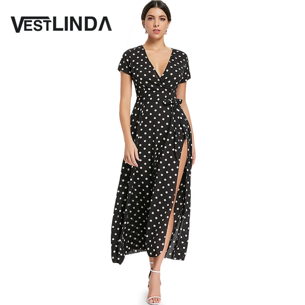 VESTLINDA Polka Dot High Waist V Neck Short Sleeve Slit Maxi Dress Summer 2018 Women Elegant Dress Long Robe Femme Ladies Dress
VESTLINDA Polka Dot High Waist V Neck Short Sleeve Slit Maxi Dress Summer 2018 Women Elegant Dress Long Robe Femme Ladies Dress