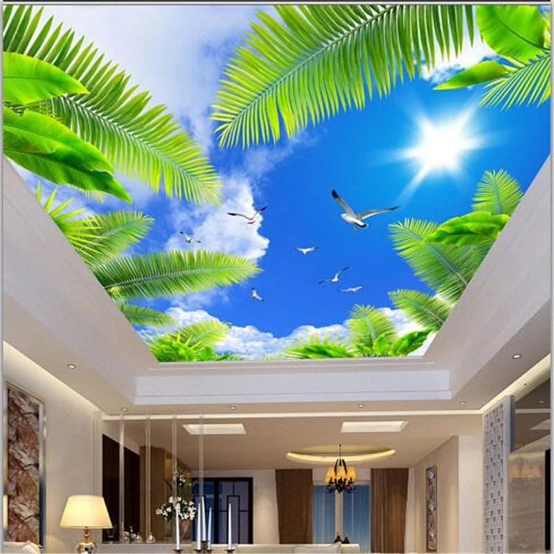 

beibehang Custom wallpaper beautiful blue sky white clouds coconut trees seascape sunshine ceiling zombie 3d wall paper mural