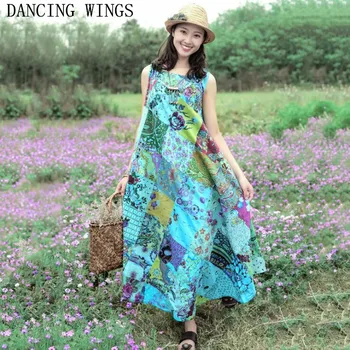 National Wind Floral Printing Women Tank Dresses Loose Sleeveless Cotton Linen Sundress long summer dress
National Wind Floral Printing Women Tank Dresses Loose Sleeveless Cotton Linen Sundress long summer dress