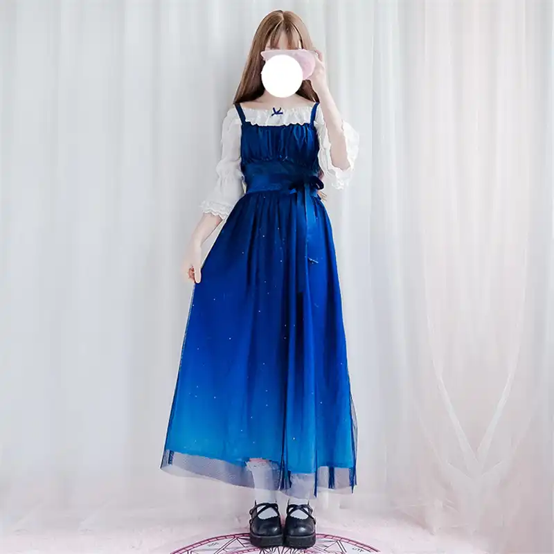 女性かわいいロリータドレスロング青のグラデーションクリスマスハロウィンパーティードレスハイウエスト着用 Vestidos かわいい服 ドレス Gooum