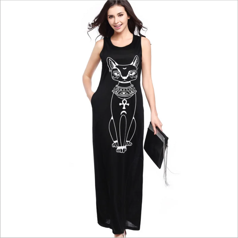 2019 vestidos long summer autumn dress gray black red ladies fashion cat animal printed large size loose Floor-Length tank | Женская