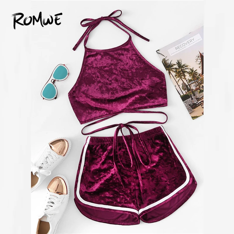 ROMWE Velvet Open Back Halter Top With Shorts Fabulous Women Summer Two Piece Stylish Fashion Female Burgundy Two-piece
ROMWE Velvet Open Back Halter Top With Shorts Fabulous Women Summer Two Piece Stylish Fashion Female Burgundy Two-piece