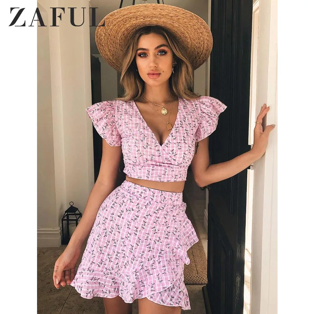 

ZAFUL Women Sets Dandelion Crop Wrap Top And Skirt Set Sweet Two Piece Set Pink Streetwear Polka Dot Chic Vintage Girl‘s Sets