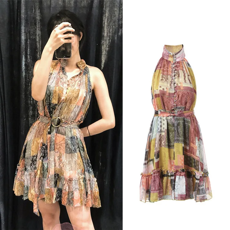 New retro hanging neck sleeveless backless accept waist printing pressure plait dress G0541 agaric
New retro hanging neck sleeveless backless accept waist printing pressure plait dress G0541 agaric
