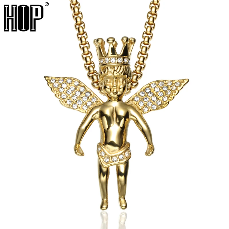 HIP Hop Bling Iced Out Crystal Crown Angel Pendants Necklaces Gold Color Titanium Stainless Steel Necklace for Men Jewelry
HIP Hop Bling Iced Out Crystal Crown Angel Pendants Necklaces Gold Color Titanium Stainless Steel Necklace for Men Jewelry