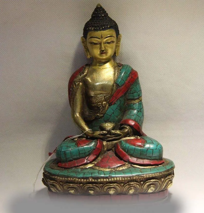Tibet Buddhism Copper Temple Inlay Turquoise Ruby Beryl Sakyamuni Buddha Statue