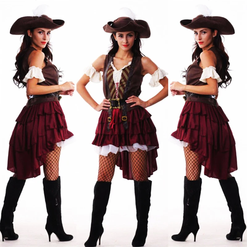 

Halloween Sexy Captain Jack Sparrow Costume Pirates of the Caribbean Pirate Cosplay Costumes for Women Adult Dress with Hat