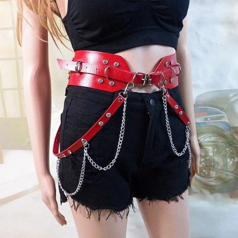 Gothic Punk Leather Belt For Women Rock Hip Hop With Ring Chain Rhinestone Waist Belts Cool Women Belt Red Black Pink
Gothic Punk Leather Belt For Women Rock Hip Hop With Ring Chain Rhinestone Waist Belts Cool Women Belt Red Black Pink