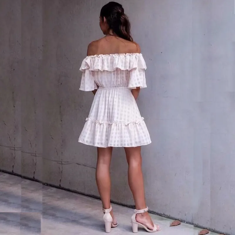 yinlinhe Off Shoulder Summer Dress Short Sleeve Lace Up Sexy Plaid Women Dress Backless Slim Waist Elegant Ruffles Vestidos 6
