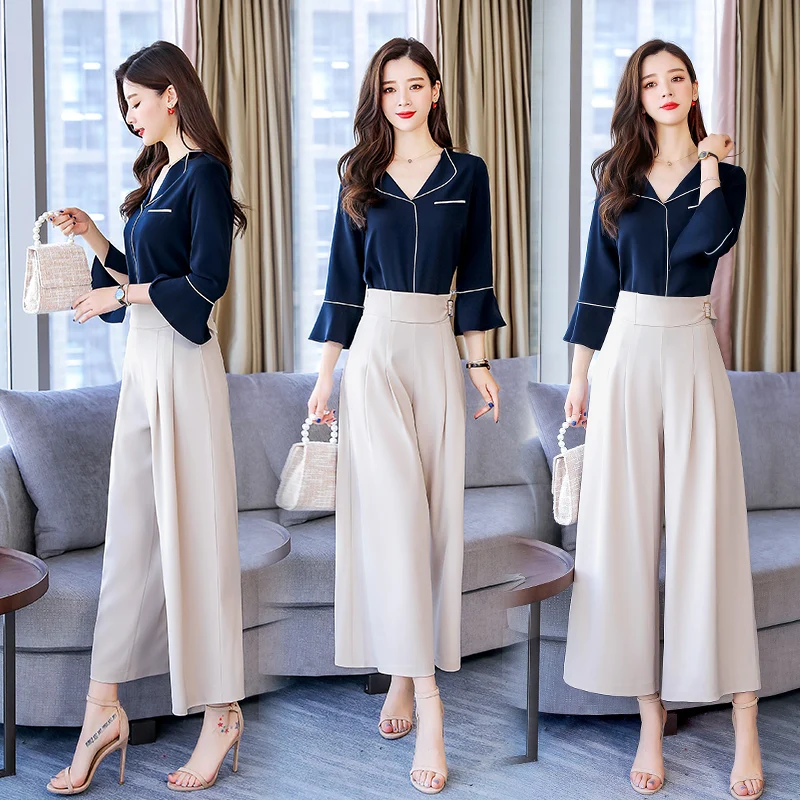 Women Suits 2019 Spring Summer shirt top blouse and wide leg Pant trousers Sets Lady two Pieces set
Women Suits 2019 Spring Summer shirt top blouse and wide leg Pant trousers Sets Lady two Pieces set