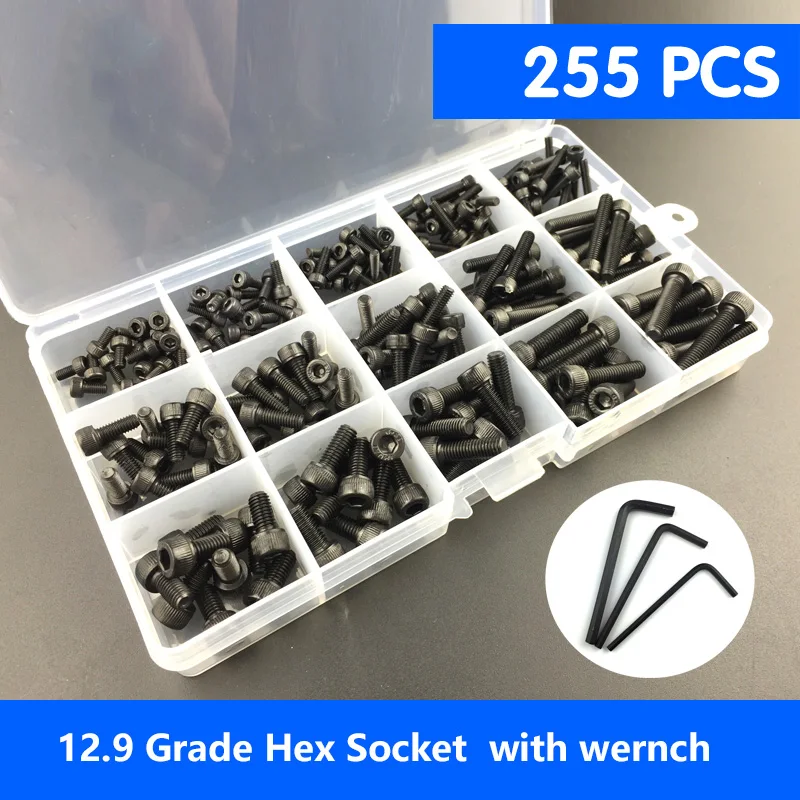 255 pcs M3 M4 M5 DIN912 Screw 12.9 Grade Black & 304 Stainless Steel Set Hexagon Socket Head Cap Bicycle Bolt Metric Thread
255 pcs M3 M4 M5 DIN912 Screw 12.9 Grade Black & 304 Stainless Steel Set Hexagon Socket Head Cap Bicycle Bolt Metric Thread