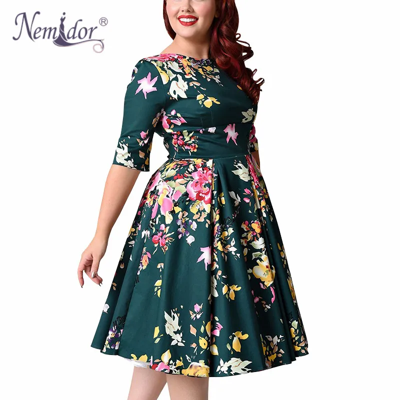 Plus_Size_Vintage_Deep_Green_Seville_Floral_Half_Sleeve_Hepburn_Swing_Dress_4