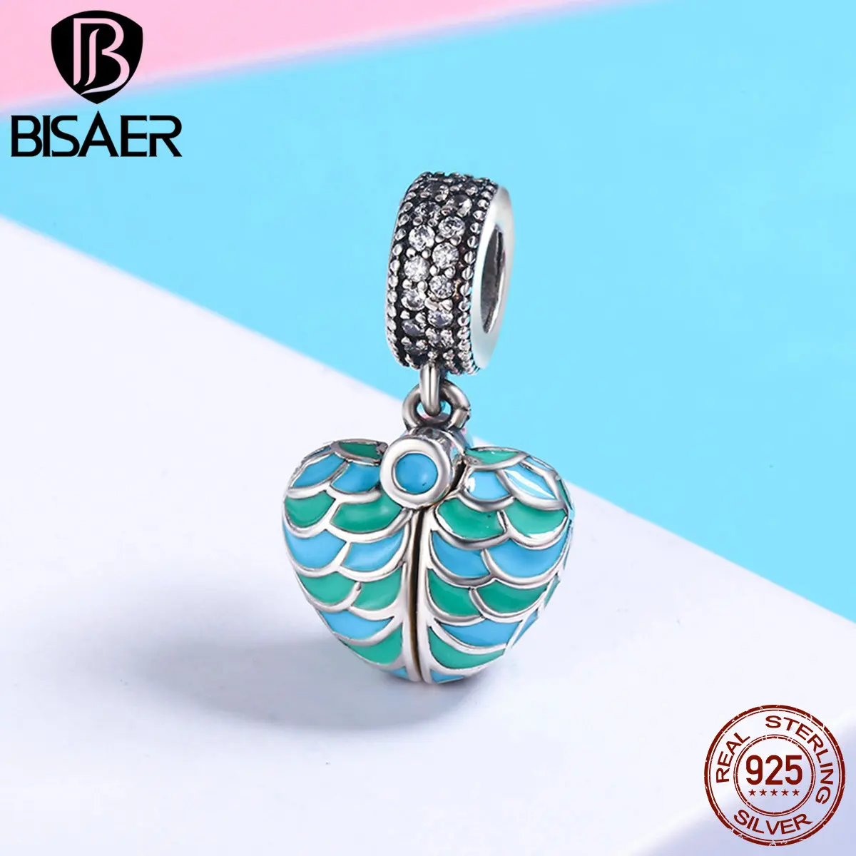 

BISAER Authentic 925 Sterling Silver Forever Love Engrave Open Heart Pendant Charm fit Charm Bracelet Jewelry Valentine Day Gift