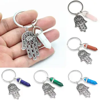 

Natural Stone Crystal Keychain Evil Eye Hand Of Fatima Hexagonal Column Key Ring Palm Key Chain Pendant 14 Types