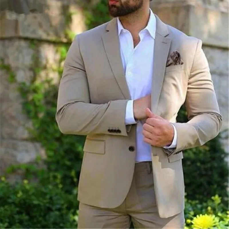 

Beige Slim Fit Mens Wedding Suits 2019 Groom Tuxedos 2 Pieces (Jacket+Pants) Bridegroom Costume Homme Groomsman Blazer