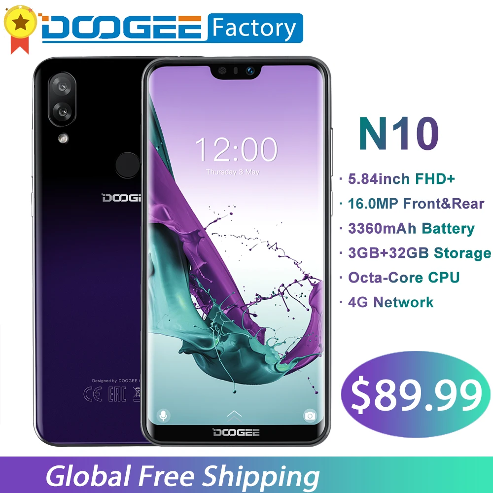 

DOOGEE N10 Octa-Core 3GB RAM 32GB ROM mobile Phone 5.84inch FHD+19:9 Smartphone 16MP Camera 3360mAh Android 8.1 4G LTE cellphone