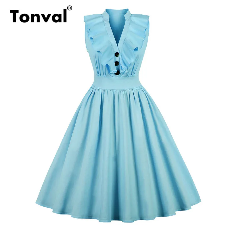 Tonval Retro Ruffle V Neck Sexy Dress Pleated High Waist Party Elegant Button Shirt Dress Women Blue Vintage Dress
Tonval Retro Ruffle V Neck Sexy Dress Pleated High Waist Party Elegant Button Shirt Dress Women Blue Vintage Dress