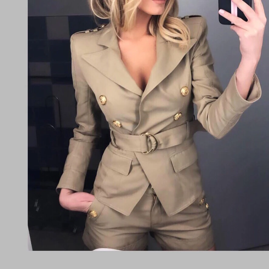 Military style Jacket Double Breasted Button Front Lapel collar Waist Belt +matching Shorts Double -breasted with pockets set
Military style Jacket Double Breasted Button Front Lapel collar Waist Belt +matching Shorts Double -breasted with pockets set