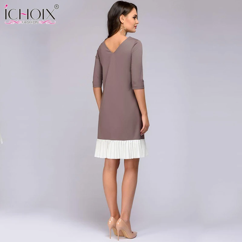 2018 Summer Work Wear Dress Fashion Blue Khaki Patchwork Casual Style Straight Short Dress Office Half Sleeve O-Neck Mini Dress 19