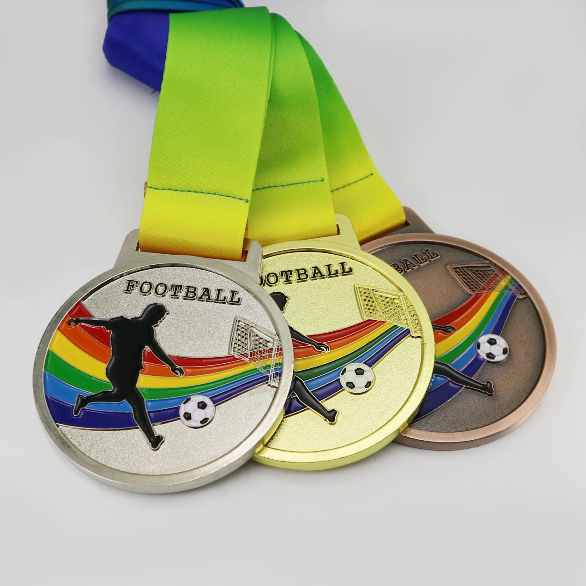 Dia 70MM Football Medals with Ribbon 1Set Contain 1pcs Gold Color and 1pcs Silver Color , 1pcs Copper Soccer Medal
Dia 70MM Football Medals with Ribbon 1Set Contain 1pcs Gold Color and 1pcs Silver Color , 1pcs Copper Soccer Medal