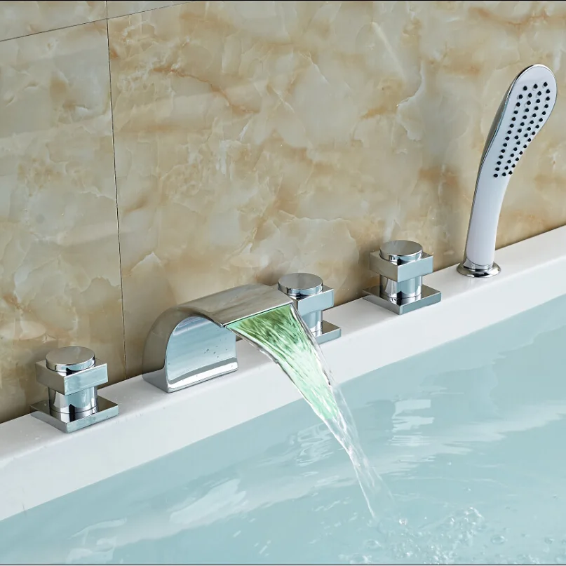 Luxury LED Light Waterfall Spout Bathtub Mixer Faucet 5pcs Widespread Tub Faucet Three Handles