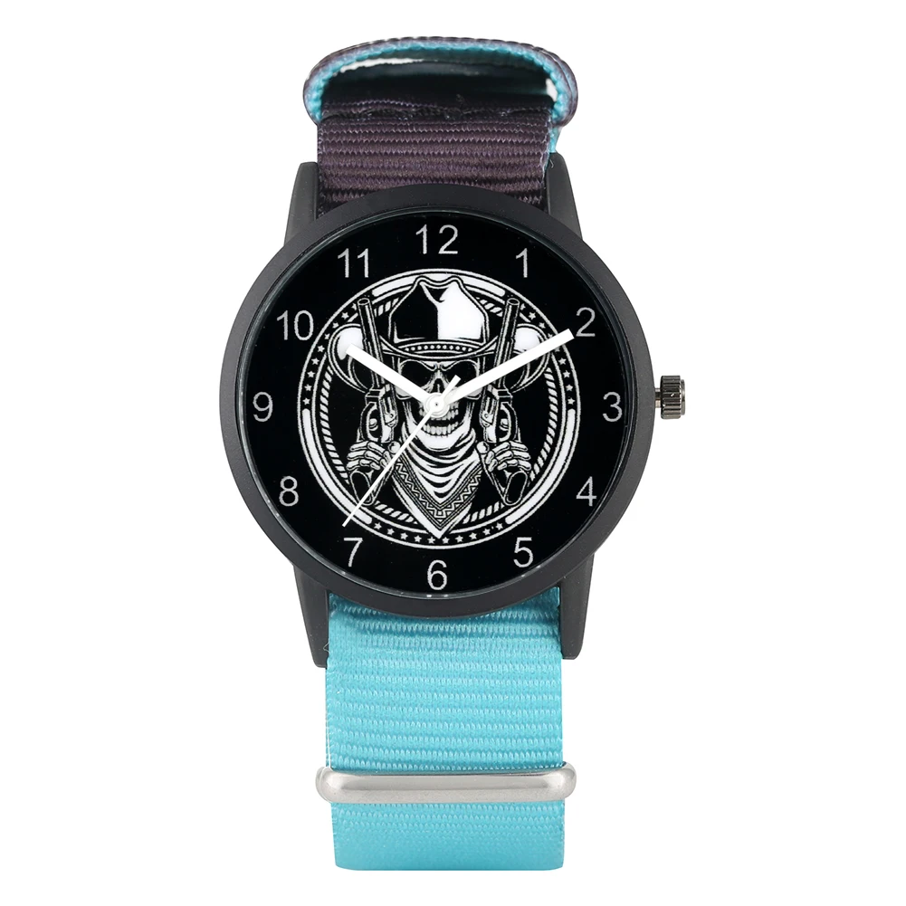 Men's Watch Skull Holding a Double Gun Pattern Quartz Nylon Strap Wristwatch for Male | Наручные часы