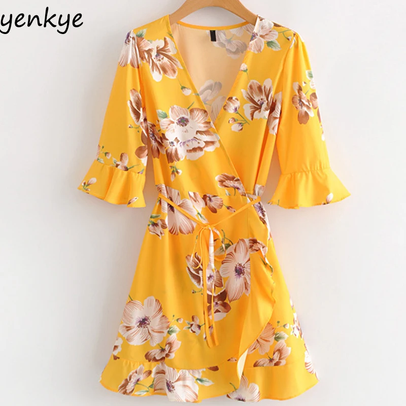 Floral Printed Yellow Summer Dress Women Crossover V Neck Half Sleeve Wrap Dress Female A-line Holiday Beach Dress Short SYJZ15
Floral Printed Yellow Summer Dress Women Crossover V Neck Half Sleeve Wrap Dress Female A-line Holiday Beach Dress Short SYJZ15