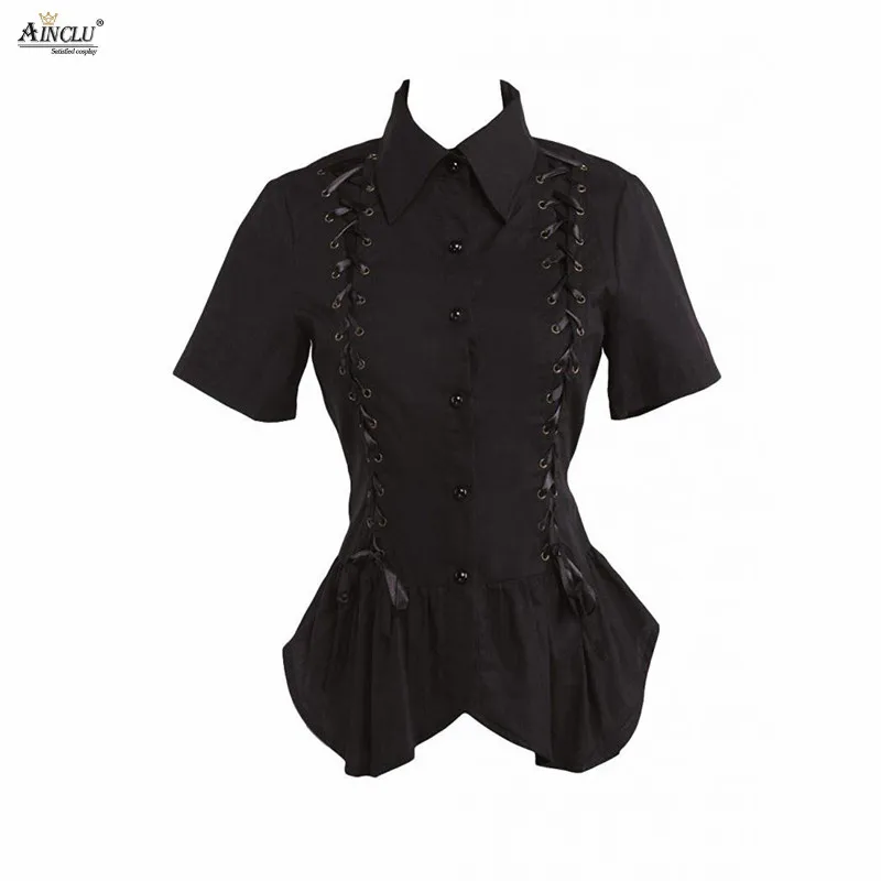 

Spring/Summer/Autumn Ainclu XS To XXL Womens Black Short Sleeves With Ribbon Botton Coattail Cotton Lolita Blouse Free Shipping