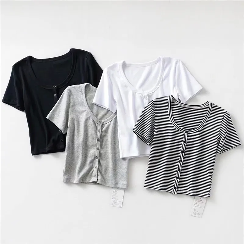 Summer Women sexy O-neck short sleeves Tops Single Breasted crop Top t-shirts Knit cotton Black white Top Woman slim T shirt
Summer Women sexy O-neck short sleeves Tops Single Breasted crop Top t-shirts Knit cotton Black white Top Woman slim T shirt