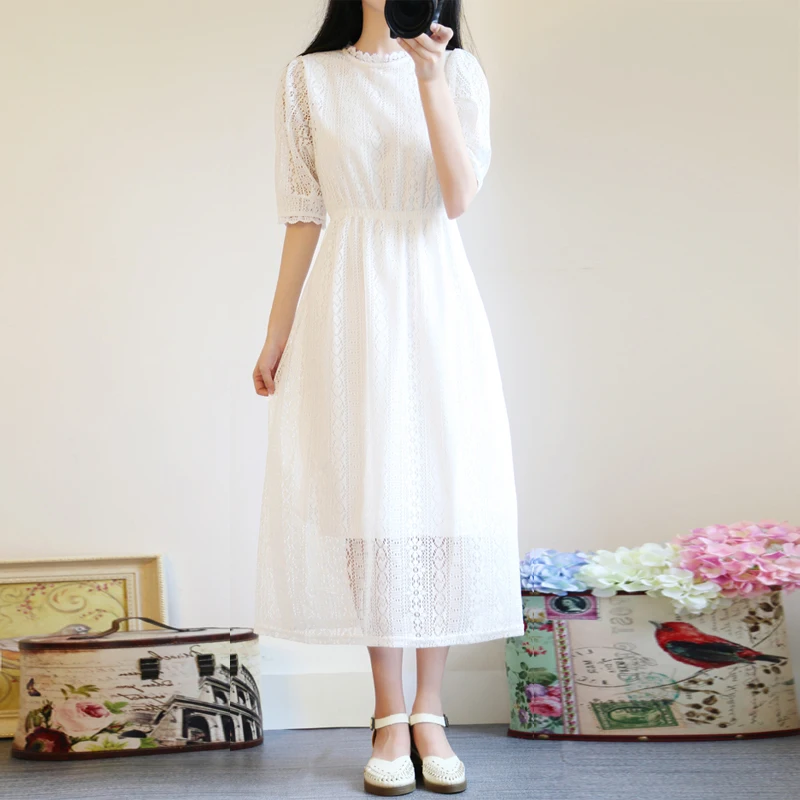 Japan Style Sweet Summer Dress Women O-Neck Half Sleeve White Lace Long Dresses Kawaii Mori Girl Vestidos Solid Color
Japan Style Sweet Summer Dress Women O-Neck Half Sleeve White Lace Long Dresses Kawaii Mori Girl Vestidos Solid Color