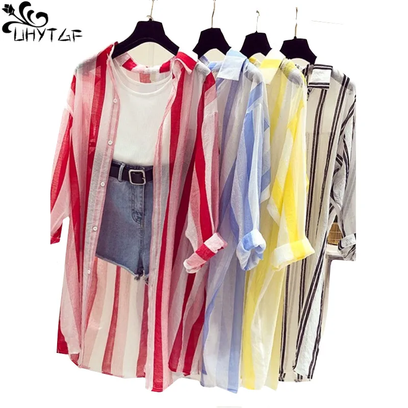 UHYTGF Plus size Ladies Sun Protection Clothing Summer Shawl V collar stripe Sun Protection Shirt Womens Tops blouses Thin 249
UHYTGF Plus size Ladies Sun Protection Clothing Summer Shawl V collar stripe Sun Protection Shirt Womens Tops blouses Thin 249