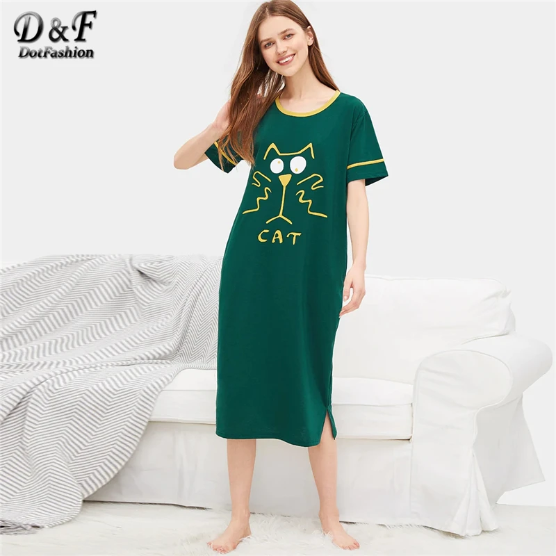 

Dotfashion Green Letter Cartoon Cat Print Night Dress Women 2019 New Short Sleeve Cute Sleepwear Summer Ladies Casual Loungewear