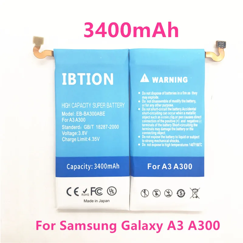 IBTION 3400mAh EB-BA300ABE Battery for Samsung Galaxy A3 A300 A3000 A300X A300H A300F BATTERY
IBTION 3400mAh EB-BA300ABE Battery for Samsung Galaxy A3 A300 A3000 A300X A300H A300F BATTERY
