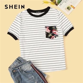 

SHEIN Preppy Floral Pocket Patched Striped Ringer T Shirt Women Clothes 2019 Round Neck Casual Stretchy Summer Shirt Ladies Tops