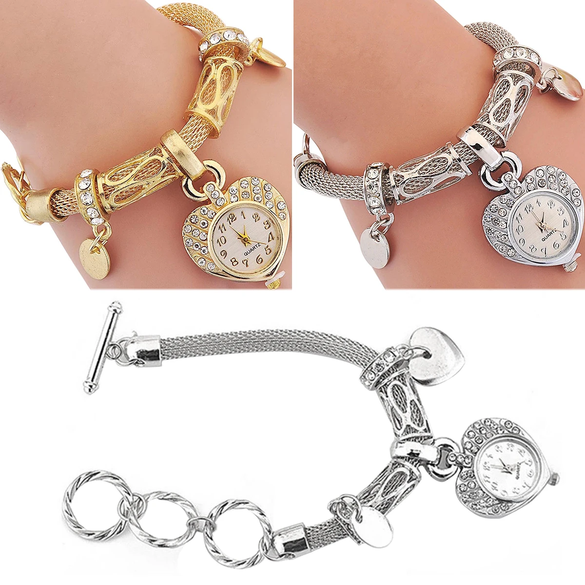 Womens Girls Heart Bangle Bracelet Watch Ladies Fashion Rhinestone Crystal Dress Quartz Wrist Watch Relojes Montre Shellhard