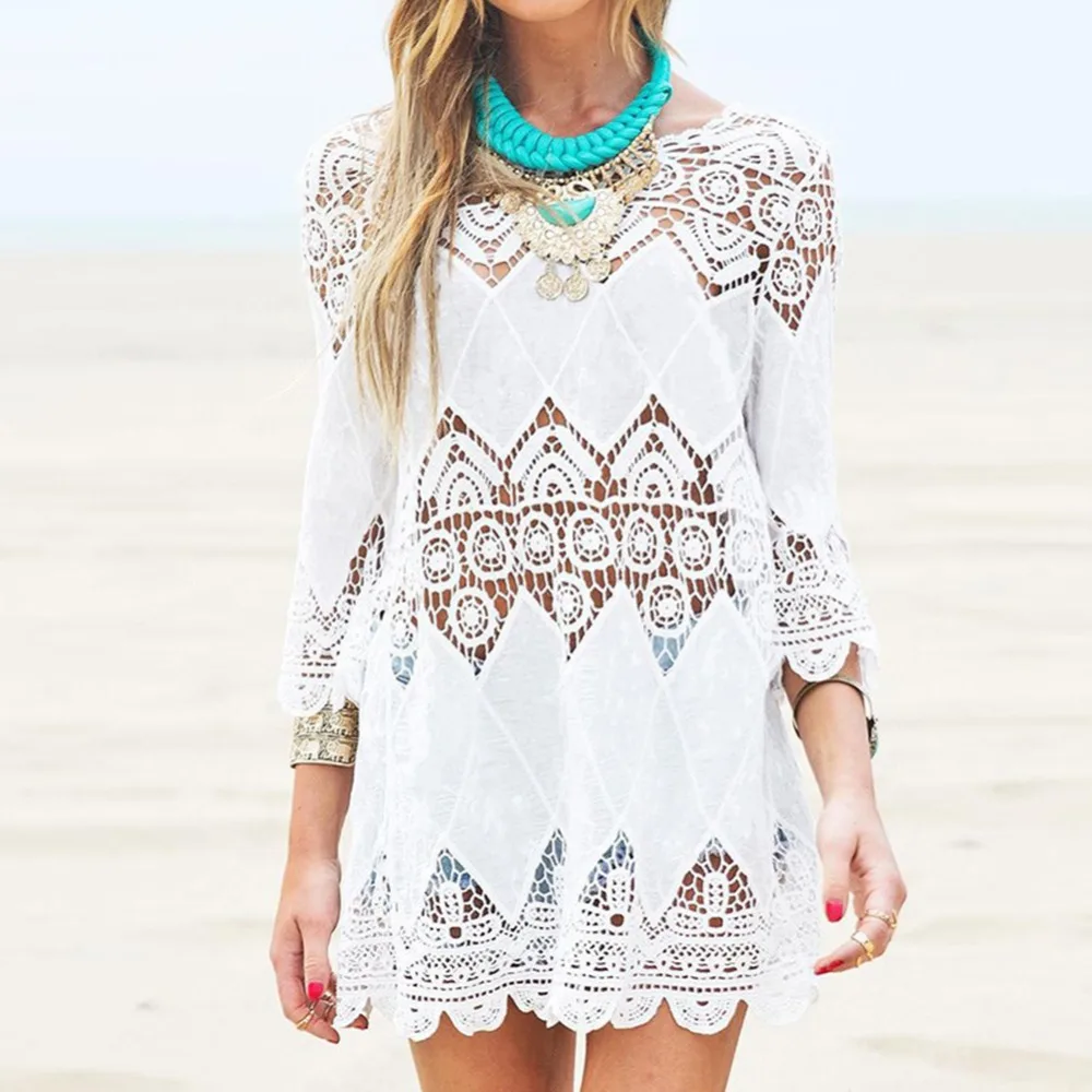 Swimwear Summer Beach Dress Lace Hollow Crochet Beach Bikini Cover-Ups 3/4 Sleeve Women Tops White Beach Dress
Swimwear Summer Beach Dress Lace Hollow Crochet Beach Bikini Cover-Ups 3/4 Sleeve Women Tops White Beach Dress