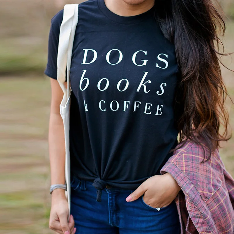 

Fashion Clothing O-Neck Stylish Tee Dogs Books Coffee T-Shirt Tumblr Letter Dog Harajuku Coffee Lovers Camisetas Tops